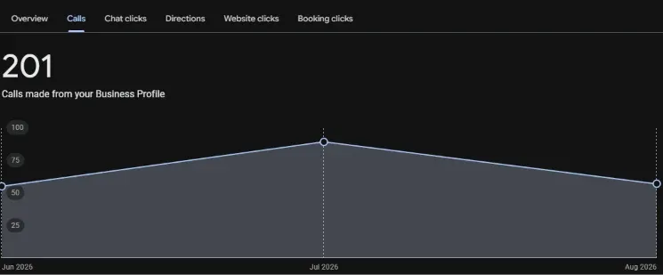 Google Business Profile calls report (after): 201 calls, Jun–Aug 2026