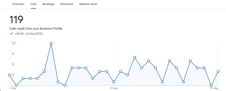 Google Business Profile calls report (after): 119 calls, Aug 2026