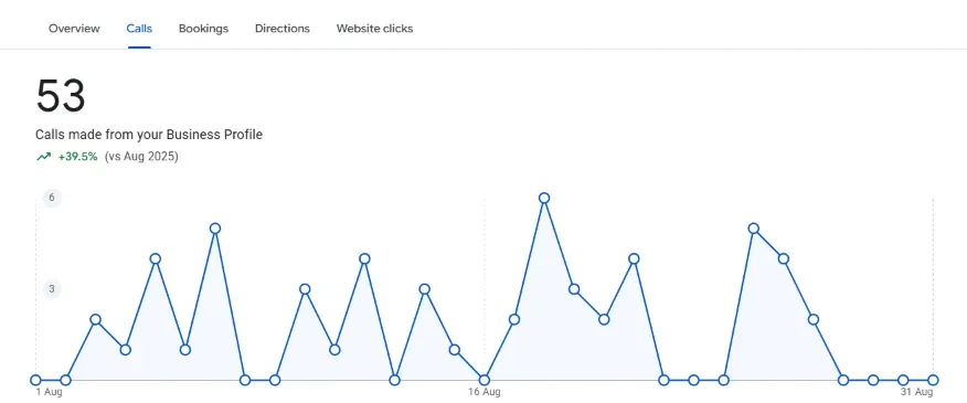Google Business Profile calls report (after): 53 calls, Aug 2026