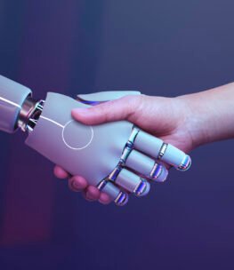Robot handshake human background, futuristic digital age